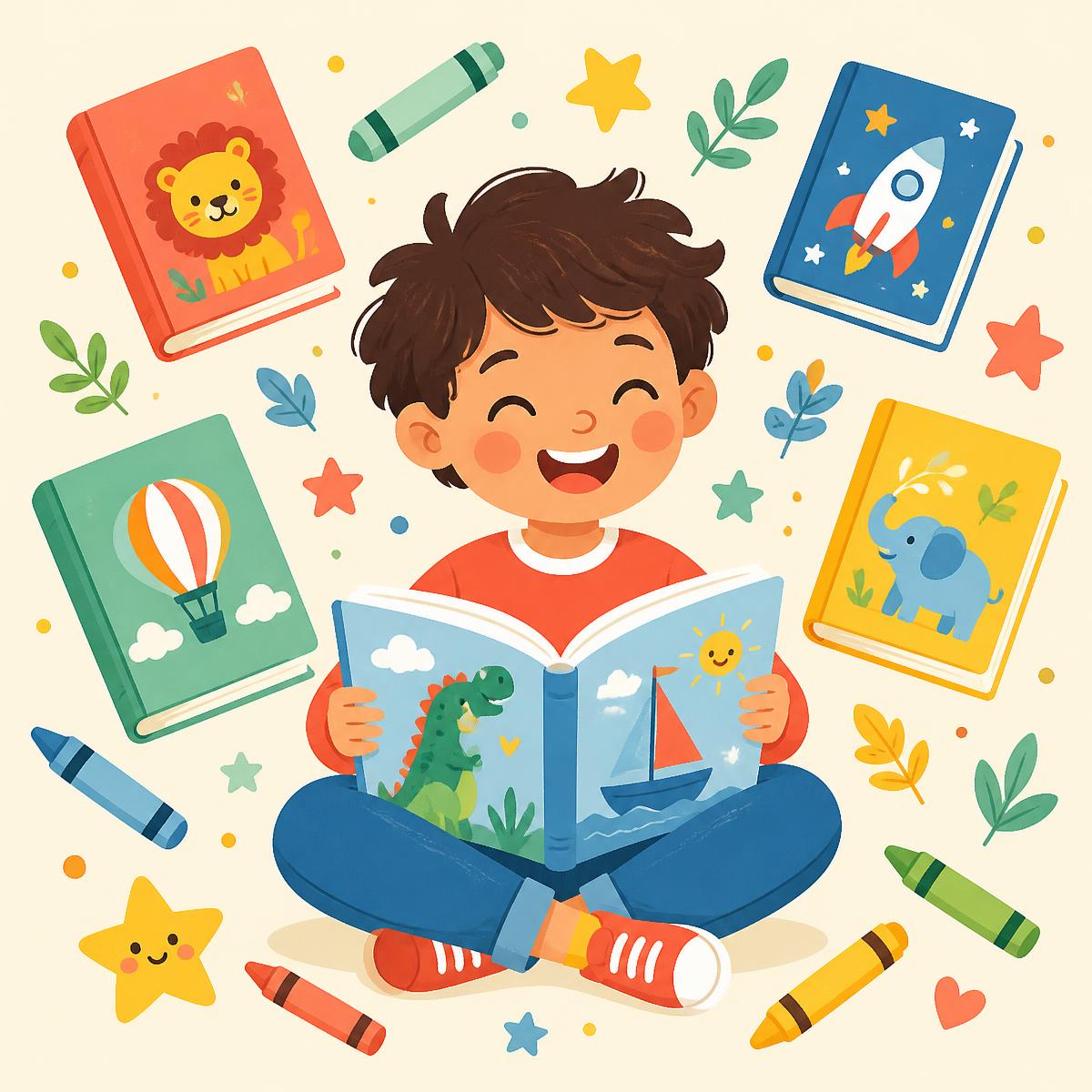 Criança sorrindo lendo um livro ilustrado cercada de livros coloridos
